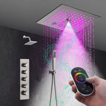 Cargar imagen en el visor de la galería, 12-Inch Flush-Mount Brushed Nickel Thermostatic Shower Faucet: 4-Way Control, 64-Color LED, Bluetooth Music, and Regular Head