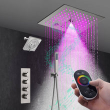 Cargar imagen en el visor de la galería, 12" Brushed Nickel Thermostatic Shower Faucet: 3-Way Control, LED, Bluetooth Music, Regular Head