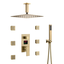 Carregar imagem no visualizador da galeria, Brushed Gold Ceiling-Mounted Shower System - Features 3-Way Digital Display Valve & Includes 6 Body Jets