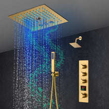 Cargar imagen en el visor de la galería, 12-Inch Brushed Gold Flush Mount Shower Faucet Set: 3-Way Thermostatic Control, 64-Color LED Lights, Bluetooth Music, and Regular Head