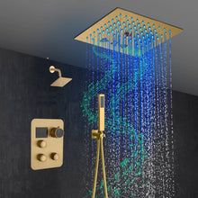 Cargar imagen en el visor de la galería, 12-Inch Brushed Gold Flush Mount Shower Faucet Set: 3-Way Thermostatic Control, 64-Color LED Lights, Bluetooth Music, and Regular Head