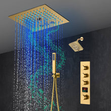 Cargar imagen en el visor de la galería, 12-Inch Brushed Gold Flush Mount Shower Faucet Set: 3-Way Thermostatic Control, 64-Color LED Lights, Bluetooth Music, and Regular Head