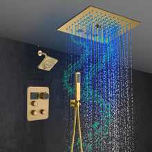 Cargar imagen en el visor de la galería, 12-Inch Brushed Gold Flush Mount Shower Faucet Set: 3-Way Thermostatic Control, 64-Color LED Lights, Bluetooth Music, and Regular Head