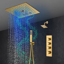 Cargar imagen en el visor de la galería, 12-Inch Brushed Gold Flush Mount Shower Faucet Set: 3-Way Thermostatic Control, 64-Color LED Lights, Bluetooth Music, and Regular Head