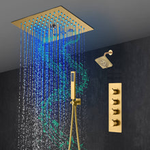 Cargar imagen en el visor de la galería, 12-Inch Brushed Gold Flush Mount Shower Faucet Set: 3-Way Thermostatic Control, 64-Color LED Lights, Bluetooth Music, and Regular Head