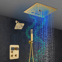 Cargar imagen en el visor de la galería, 12" Brushed Gold Bluetooth Music, 64-Color LED Thermostatic Shower Faucet