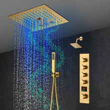 Cargar imagen en el visor de la galería, 12-Inch Brushed Gold Flush Mount Shower Faucet Set: 4-Way Thermostatic Control, 64-Color LED Lights, Bluetooth Music, and Regular Head