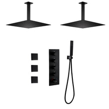 Cargar imagen en el visor de la galería, 12 inch or 16 inch Matte Black Rainfall or Rainfall Waterfall Shower System - 4-Way Thermostatic Rough-in Valve with Invigorating Body Jets