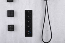 Cargar imagen en el visor de la galería, 12 inch or 16 inch Matte Black Rainfall or Rainfall Waterfall Shower System - 4-Way Thermostatic Rough-in Valve with Invigorating Body Jets