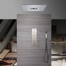 Cargar imagen en el visor de la galería, 16-Inch Brushed Nickel Flush Mount Rainfall-Waterfall-Mist Hydro-Water Massage, 5-Way Digital Thermostatic Shower System with 64 LED Lights and Bluetooth Music Integration