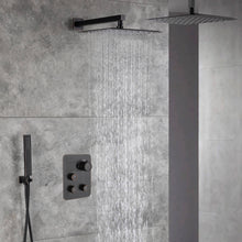 Cargar imagen en el visor de la galería, 12-Inch Non-LED Light Ceiling Mounted Oil Rubbed Bronze 3-Way Thermostatic Shower Faucet System with Wall Mount 12-Inch Rainfall Shower Head