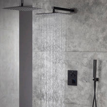 Cargar imagen en el visor de la galería, 12-Inch Non-LED Light Ceiling Mounted Oil Rubbed Bronze 3-Way Thermostatic Shower Faucet System with Wall Mount 12-Inch Rainfall Shower Head