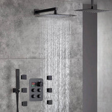Cargar imagen en el visor de la galería, 12-Inch Or 16 inch Non-LED Oil Rubbed Bronze (ORB) Ceiling-Mounted 4-Way Thermostatic Valve with Wall-Mounted 12-Inch Rain Head, Body Jets, and Dual Functionality