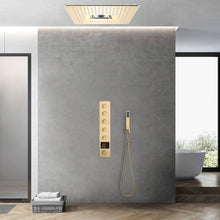 Cargar imagen en el visor de la galería, 16-Inch Brushed Gold Flush-Mounted Rainfall, Waterfall, Mist, Hydro-Massage Shower Head with 64 LED Lights and Bluetooth Music - 5-Way Thermostatic Shower Faucet With Optional Digital Display