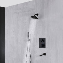 Cargar imagen en el visor de la galería, 12-inch or 16-inch Wall Mount Matte Black Rain Shower Head with Thermostatic Faucet and Tub Spout - Immerse in a Blissful Shower Experience