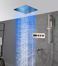 Cargar imagen en el visor de la galería, 16-Inch Brushed Nickel Digital Thermostatic Shower System: 3-Way Control, Flush-Mounted, 64-Color LED Lighting, Bluetooth Music, Rainfall & Waterfall Features