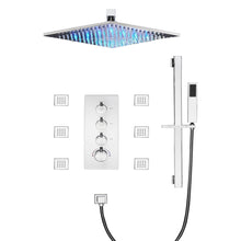 Cargar imagen en el visor de la galería, Chrome 12inch LED light ceiling mount 3 way thermostatic shower faucet with 6 body jets and sliding bar