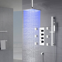 Cargar imagen en el visor de la galería, Chrome 12inch LED light ceiling mount 3 way thermostatic shower faucet with 6 body jets and sliding bar