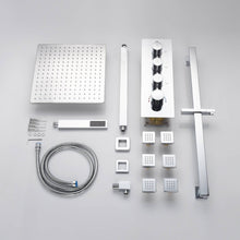 Cargar imagen en el visor de la galería, Chrome 12inch LED light ceiling mount 3 way thermostatic shower faucet with 6 body jets and sliding bar