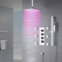Cargar imagen en el visor de la galería, Chrome 12inch LED light ceiling mount 3 way thermostatic shower faucet with 6 body jets and sliding bar