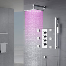 Cargar imagen en el visor de la galería, Chrome 12inch LED light Wall mount 3 way thermostatic shower faucet with 6 body jets and sliding bar