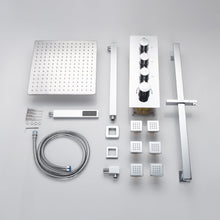 Cargar imagen en el visor de la galería, Chrome 12inch LED light Wall mount 3 way thermostatic shower faucet with 6 body jets and sliding bar