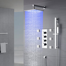 Cargar imagen en el visor de la galería, Chrome 12inch LED light Wall mount 3 way thermostatic shower faucet with 6 body jets and sliding bar
