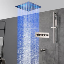 Cargar imagen en el visor de la galería, 16-Inch Brushed Nickel Digital Thermostatic Shower System: 3-Way Control, Flush-Mounted, 64-Color LED Lighting, Bluetooth Music, Rainfall & Waterfall Features