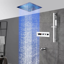 Cargar imagen en el visor de la galería, 16-Inch Chrome Digital Thermostatic Shower System: 3-Way Control, Flush-Mounted, 64-Color LED Lighting, Bluetooth Music, Rainfall & Waterfall Features