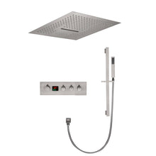 Cargar imagen en el visor de la galería, 16-Inch Brushed Nickel Digital Thermostatic Shower System: 3-Way Control, Flush-Mounted, 64-Color LED Lighting, Bluetooth Music, Rainfall & Waterfall Features
