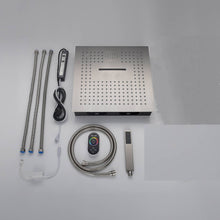Cargar imagen en el visor de la galería, 16-Inch Brushed Nickel Digital Thermostatic Shower System: 3-Way Control, Flush-Mounted, 64-Color LED Lighting, Bluetooth Music, Rainfall & Waterfall Features