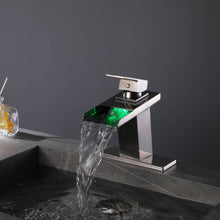Carregar imagem no visualizador da galeria, Brushed nickel waterfall 3 LED light single handle brass bathroom faucet with pop up brass drain