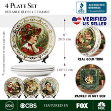 Carregar imagem no visualizador da galeria, Victorian Elegance Set of 4 Plates with Real Gold Trim, Holiday Christmas Red and Green Tableware Collection