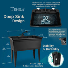 Cargar imagen en el visor de la galería, Tehila Freestanding Double-Wide Black Utility Sink with Steel Legs & Black Pull-Out Faucet, Multi-Purpose Heavy-Duty Laundry Tub and Kitchen Sink for Homes & Business