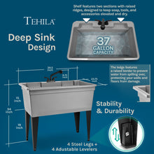 Load image into Gallery viewer, Tehila Freestanding Double-Wide Grey Utility Sink with Steel Legs & Black Pull-Out Faucet, Multi-Purpose Heavy-Duty Laundry Tub and Kitchen Sink for Homes & Business