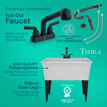 Load image into Gallery viewer, Tehila Freestanding Double-Wide White Utility Sink with Steel Legs & Black Pull-Out Faucet, Multi-Purpose Heavy-Duty Laundry Tub and Kitchen Sink for Homes & Business