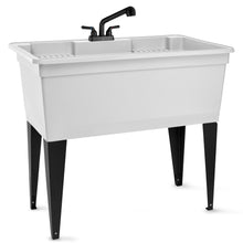 Load image into Gallery viewer, Tehila Freestanding Double-Wide White Utility Sink with Steel Legs & Black Pull-Out Faucet, Multi-Purpose Heavy-Duty Laundry Tub and Kitchen Sink for Homes & Business