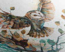 Carregar imagem no visualizador da galeria, Flying owl with trees, leaves, forest double exposure, nature animal, owl illusion art, wrapped framed canvas print, office wall art