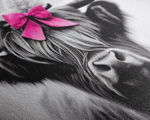 Cargar imagen en el visor de la galería, Cute Highland Cow wearing a Bow, Pink Bow on a Cute Cow, framed canvas print, black and white farmhouse cow art