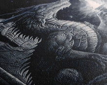 Load image into Gallery viewer, Dragon holding a torch, poster art, black and white dragon