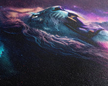Cargar imagen en el visor de la galería, Cosmic Roar, lion roaring at the stars, synthwave galaxy and lion art, framed canvas print, unique framed wall art