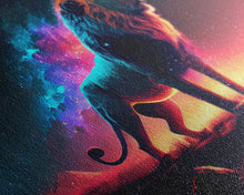 Cargar imagen en el visor de la galería, Cosmic roar watercolor, Lion staring at the stars over Africa, framed canvas print, unique vibrant wall art
