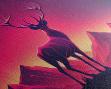 Load image into Gallery viewer, Beautiful stag and sunset, synthwave landscape art, framed canvas print, nature print, pastel and pink art
