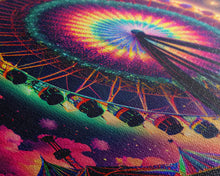 Cargar imagen en el visor de la galería, Colorful boardwalk art, neon lit night time ferris wheel, framed canvas print, framed wall art