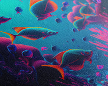 Load image into Gallery viewer, Coral Reef art, synthwave aesthetic ocean art, school of fish, framed canvas art, framed wall art canvas print