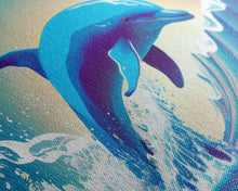 Load image into Gallery viewer, Dolphin riding a wave, cute animal prints, vaporwave animal art, framed canvas print