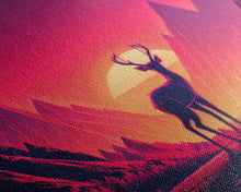 Load image into Gallery viewer, Deer at sunset, outrun style nature animal print, framed canvas print, sunrise art