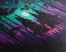 Cargar imagen en el visor de la galería, Fantasy forest art, full moon visible through the trees, framed canvas print, framed wall art