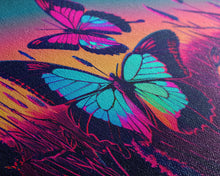 Load image into Gallery viewer, Beautiful turquoise butterfly art, vaporwave aesthetic pastel art, framed canvas print, synthwave art