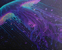 Carregar imagem no visualizador da galeria, Bioluminescent Jellyfish against a Starry night sky, Cosmic Jelly Fish, Framed Canvas Print, synthwave style art